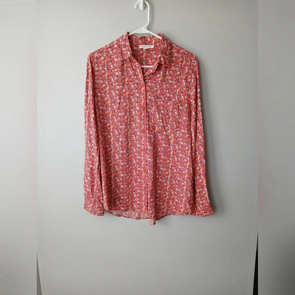 Beachlunchlounge women's M orange bird print long sleeve shirt tropical viscose